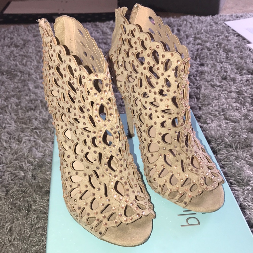 Nude and pink gemstone caged heels